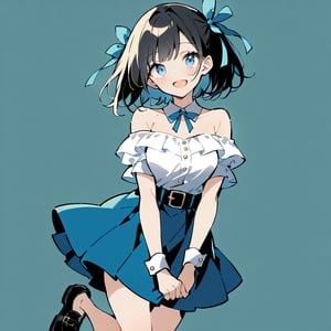 1 girl, solo, simple background, three-quarter view, chest, looking at viewer, blushing, smiling, short hair, open mouth, bangs, blue eyes, skirt, shirt, black hair, ribbon, exposed shoulders, jewelry, medium bust, standing, cowboy shot, white shirt, short sleeves, :d, hair ribbon, ruffles, shoes, puffy sleeves, belt, off-shoulder, black footwear, light blue eyes, puffy short sleeves, blue skirt, wrist cuffs, detached collar, buttons, standing on one leg, buckle, holding skirt,flat style