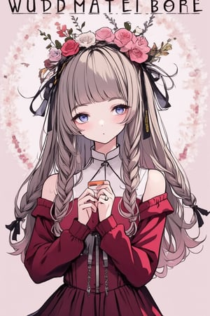 masterpiece, stunning image, 8K, one girl, solo, long hair, smiling, looking at viewer, bangs, blue eyes, hair accessory, long sleeves, off-shoulder dress, ribbon, holding, jewelry, light brown hair, pink hair, braids, flower, hair ribbon, hair flower, red dress, English text, cross, lolita fashion, gothic lolita,acryli painting