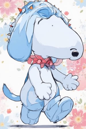 Simple background, Japanese pattern background,Snoopy-like stuffed dog, light blue body. Blue limbs, blue tail, collar, red collar with spikes, no human, anime "Kobato", Ioryogi,acryli painting