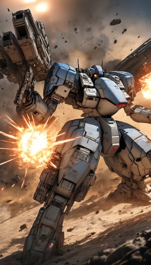 Close-up shot of a futuristic power doll, a robotic mech, in the midst of an intense naval battle. The afternoon sun casts a warm glow on the scene, with dynamic angles showcasing the mech's mechanical might. Practical lighting highlights the sharp details of the mech's design, as it holds an assault rifle with both hands, firing shots that produce flames and smoke rising from the nozzle. Nozzle flash and firing sparks illuminate the darkened sea spray, while motion blur captures the intense combat. In the background, a massive explosion erupts, sending dirt and debris flying as twin launchers and railguns fire in unison. The mech's wing booster propels it forward, leaving a trail of sparks and ink-like paint splatters on the surface. The UHD 8K quality showcases every intricate detail, making this sci-fi masterpiece a testament to the power of mecha combat.,ink paint, missile pod, shoulder weapon, grenade launcher, Assault rifle, no human,PD-802X4