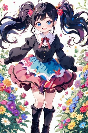 masterpiece, best quality, aesthetic, ((shot from below :1.4)), one girl, solo, looking at viewer, blushing, smiling, twintails, open mouth, bangs, blue eyes, skirt, simple background, black hair, hair accessory, long sleeves, full body, flowers, :d, multicolored hair, boots, frills, kimono, kimono-style dress, hair accessory, wide sleeves, kimono, black footwear, obi, floral pattern, red flowers, cross-laced footwear, high-heeled boots, colored inner hair,Anime style,anime,vspop,kawaii,1girl