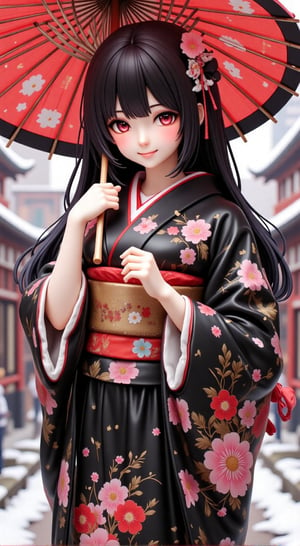 ink outline, fine detail rendered, color, dark fantasy, horror style, A beautiful woman stands in a kimono with a bright floral pattern on a black background. She has long, straight, black hair, and beautiful red eyes. She look so happy. Standing in a snowy back alley in Edo. She holds a beautifully patterned Japanese umbrella. Cowboy shot, most fashionable, most stylish, dark white background, detailed background, every detail is rendered in superb detail, perfect composition, masterpiece, best quality, 8k, ultra-detailed, very clear, perfect anatomy, anatomically correct hands, beautiful face, beautiful eyes, detailed eyes, beautiful hair, detailed hair,anime,Resin Figure