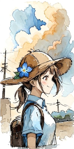 masterpiece, ((watercolor style: 1.5)), ((watson paper: 1.5)), 1 girl, solo, long hair, blushing, smiling, brown hair, shirt, hat, brown eyes, mouth closed, white shirt, upper body, ponytail, flowers, short sleeves, outdoors, sky, daytime, collared shirt, clouds, bag, from the side, blue sky, plaid, profile, sunlight, backpack, blue shirt, plants, wing collar, sun hat, straw hat, flower on hat, shade, dappled sunlight, electric wire, telephone pole,watercolor \(medium\)