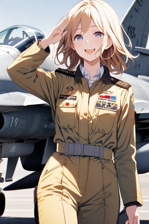Masterpiece, beautiful details, perfect focus, uniform 8K wallpaper, high resolution, exquisite texture in every detail,
Straight long hairstyle, blue eyes, deep eyes that shine clearly, smile, happiness, open mouth,
1 girl, solo, open mouth, bangs, blue eyes, simple background, ((standing next to (Japan Air Self-Defense Force fighter jet F-16): 1.5)), salute, mid-chest, cleavage, ((khaki colored　pilot Suit:1.5)), chest is exposed