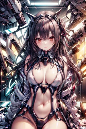 highest possible resolution,,masterpiece,photorealistic,finetextured,dynamic-range,ultra detailed,woman, smiling, light brown hair, half-up pony hairstyle, smiling, ((white and orange armor)), head ribbon and circlet , mechanical blue light emitting unit, medium breasts, cleavage, exposed belly button, bare thighs, (seat belts on both shoulders), ((sitting in the cockpit seat)) (((holding the control stick) ))), (view from the bottom front, looking at the camera),mechanical,Futuristic room