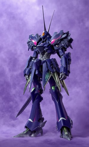 Futuristic warrior robot stands tall amidst swirling purple mist, chest armor glowing translucent green. Twin pink sensors flank its head, as a single antenna extends from the back, splitting into two sharp tips. Claws adorn its sleeves, while a hero's sword hangs at the ready in its hand. Legs seamlessly integrate with hovering base, giving illusion of weightlessness. Iridescent wings stretch from its back, punctuated by three sharp claws on its feet, exuding strength and power. Soft, ethereal lighting highlights complex textures, armored beast elements and misty landscape.