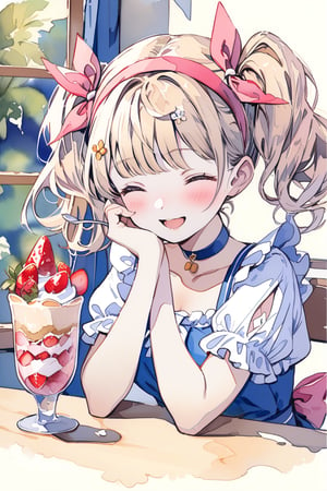 Masterpiece, Top Quality, Aesthetic, (((Background Blur: 1.8))), ((Watercolor Style: 1.5)), Blake, One Girl, Solo, Blushing, Smiling, Open Mouth, Bangs, Blonde Hair, Hair Accessory, Ribbon, Twin Tails, Eyes Closed, Upper Body, Short Sleeves, Hair Ribbon, Hairband, Food, Choker, Indoors, Window, Fruit, Pink Ribbon, Hand on Own Face, Ice Cream, Strawberry, Spoon, Hand on Own Cheek, Parfait,watercolor \(medium\)