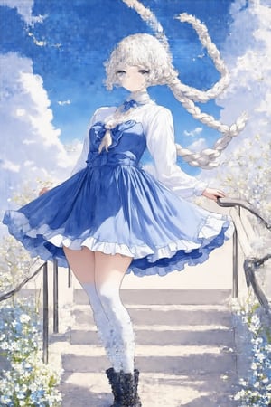 Masterpiece, top quality, very aesthetic, absurd,
overhead, 1 girl, solo, long hair, looking at viewer, blush, bangs, blue eyes, long sleeves, dress, mouth closed, chest, medium chest, braids, white hair, pantyhose, boots, outdoors, ruffles, sky, clouds, blunt bangs, flower petals, blue dress, thick eyebrows, cloudy sky, white pantyhose, stairs,Watercolor