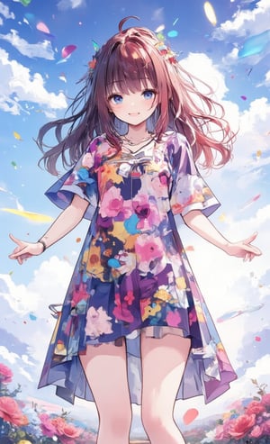 A smiling girl wears a colorful tunic and spreads her hands. Her hairstyle is half-up, and her hair color is a gradation of red. Drawn in clipping art style, camera angled from above. In the background is a blue sky and white clouds, and the lens effect refracts the light, illuminating her surroundings with soft natural light. ,colored pencil drawing,Anime style