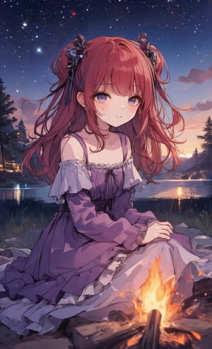 A girl in a frilly purple dress sits around a campfire under the starry sky. Her hairstyle is straight and her hair color is red. In the background, a sky full of stars and the warm light of a bonfire flicker. ,acryli painting,colored pencil drawing,Anime style