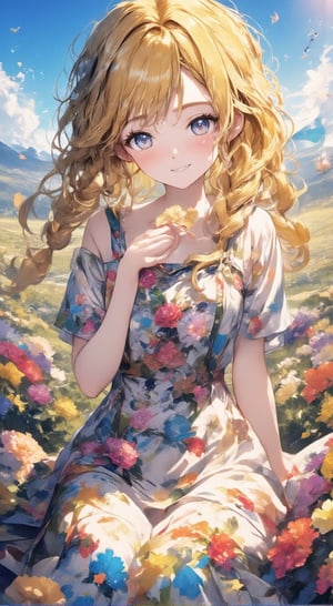 A girl wearing a floral dress is sitting in a flower garden filled with colorful flowers. Her hair is bright yellow in colorful braids. Her eyes sparkle with happiness as she gazes at the beautiful flowers around her. In the background, a blue sky and white clouds are spread out, and symbols of hearts and stars are dancing. She is depicted smiling happily and picking a single flower. Butterflies dance around her, creating a cute atmosphere as if flower spirits are gathering around her.
anime,Detailed Anime,cute,beautiful_female_fingers,fantasy girl