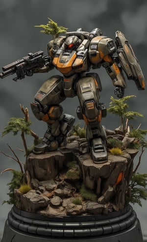 A masterpiece, a plastic model, a diorama of a robot figure hiding and scouting in a forest, on a pedestal, crouching, tree, equipped with a large Gatling gun and shield. The robot is painted in a bright camouflage color scheme. The spectacular texture of the stunning 3D rendering is enhanced by several metal textures. The blurred light gray background and strong lighting make the subject stand out even more,resin,real robot