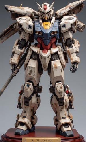 A super-realistic figure,heavily armored RX-78 Gundam, A highly detailed 1/60 scale model with weathered battle damage and dirt, The Gundam stands in a dynamic pose on a polished ebony base with a brass nameplate. The classic white, blue, red and yellow color scheme is now worn down with muted tones. A huge backpack extends from the shoulders and houses additional thrusters and power cells. Intricate panel lines and hydraulics are visible. The left hand holds a weathered beam saber hilt. The armor plates show realistic battle scars, peeling paint and rust streaks. The joints feature exposed pistons and cables, The head unit retains the iconic V-fin and dual eyes, and the nameplate at the feet reads "Rx-78 GUNDAM", made of resin.,create figure,real robot