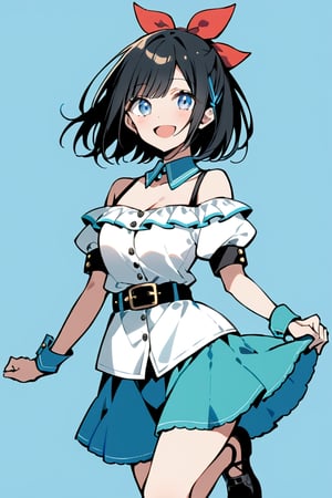1 girl, solo, simple background, three-quarter view, chest, looking at viewer, blushing, smiling, short hair, open mouth, bangs, blue eyes, skirt, shirt, black hair, ribbon, exposed shoulders, jewelry, medium bust, standing, cowboy shot, white shirt, short sleeves, :d, hair ribbon, ruffles, shoes, puffy sleeves, belt, off-shoulder, black footwear, light blue eyes, puffy short sleeves, blue skirt, wrist cuffs, detached collar, buttons, standing on one leg, buckle, holding skirt,flat style