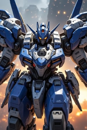 masterpiece, solo, space battleship catapult deck background, giant robot, full body, mecha, mecha with blue and white color scheme, looking at the viewer, front view, glowing eyes, twin eyes, very cool and epic, armor, no human, robot, mechanical wings, mecha, sci-fi, catapult launch scene, motion blur, amazing image, epic texture, materlic texture, detailed 3d rendering, helmet, digital art, professional style, detailed image, detailed robot, full body,real robot