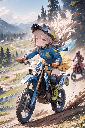 Masterpiece, beautiful details, perfect focus, uniform 8K wallpaper, high resolution, exquisite texture in every detail, score_7_up, deformed, 1girl, solo, long hair, blush, smile, blue eyes, blonde hair, gloves, closed mouth, Jacket, skirt, full body, boots, eyebrows, helmet, ground vehicle, automobile, horseback riding, knee pads, motocross bike, motorcycle, jump, orange gloves