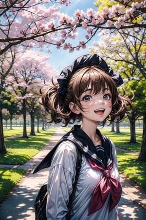 Masterpiece, beautiful details, perfect focus, uniform 8K wallpaper, high resolution, RAW photo, brown hair, medium curly hairstyle, clear sparkling deep eyes, smile, happy, open mouth,
A dreamy girl wearing a sailor suit is looking up at the sky while walking along a row of cherry blossom trees blown by the evening breeze. Watercolor illustration, anime style portrait of a teenager with a cute smile, one girl,perfect light,CherryBlossom_background,1girl