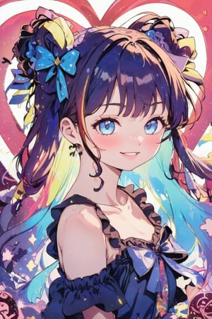 masterpiece, best quality, aesthetic, one girl, solo, long hair, looking at viewer, blush, smiling, bangs, blue eyes, dress, bow, ribbon, bare shoulders, closed mouth, multicolored hair, collarbone, hair ribbon, upper body, heart, ruffles, open clothes, sleeveless, virtual youtuber, off shoulder, two side up, V-shaped eyebrows, head tilted, sleeveless dress, blue dress,Anime style,1girl,vspop,flat style,hand drawn,anime,kawaii