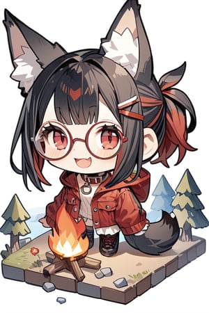 masterpiece, 4K, (isometric: 1.5), (miniature: 1.5), camping, tent, camping set, bonfire, forest, flowers, (deformed, chibi, 2D: 1.5), 1 girl, (solo: 1.5), cute girl with hairpin, loli, (black fox ears: 1.3), animal ear fluff, hairstyle, (black hair: 1.2), (red hair 1.2), (inner hair coloring: 1.3), (short ponytail: 1.2), side locks, (red eyes: 1.3), (round glasses: 1.3), (flat chest), fashion, hood, cat collar, smiling, happy, open mouth, smiling, clear eyes, wide open eyes, heart, break, camping outfit, boots, break, break, dynamic angle, fantasy world, (concept art: 1.2), deformed,Tekeli,Details,Deformed