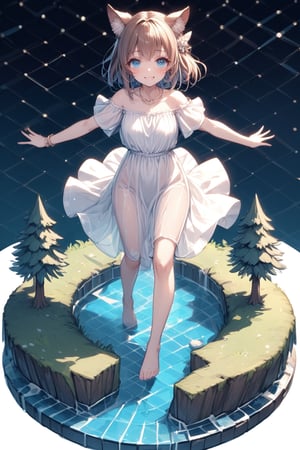 masterpiece,\\,(((Isometric Design:1.8))),\\,Simple Background,White Background,\\,Single Girl,Solo,Looking at Viewer,Blushing,Smiling,Short Hair,Fringe,Brown Hair,Hair Accessory,Dress,Animal Ears,Jewelry,Blue Eyes,Standing,Clavicular,Full Body,Short Sleeves,Outdoors,Barefoot,Daytime,Water,White Dress,Bracelet,Tree,See-Through,Barefoot,Outstretched Arms,Nature,Playing in Water,Forest,Outstretched Arms,See-Through Silhouette