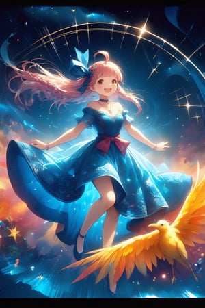 masterpiece, best quality, high quality, exquisite, detailed, beautiful, background, wonderland, flower garden, a girl, witch, cute creatures, phoenix, feather texture, smoke texture, parametric patterns, concept art, delightful, grinning, laughing, floating, flying, looking at viewer, facing right, front view, hime cut, blunt bangs, ahoge, french braids, pink hair, blonde, brown eyes, blue eyes, with irises, slender, glamorous, dress, off shoulder, undone clothing, hair ribbon, piercing, choker, necklace, ribbon, with a staff, cute face, Epic Battle Scene, Fun Scene, gradient black background, with a flower, fantasy, kawaiipunk, manga, flat illustration, heart shape, star shape, diamond shape, spiral shape, hard-edged, soft surface, gouache painting, ink drawing, sharpen, double exposure, lens flare, dramatic lighting, cinematic lighting, glowing, in focus with blurred background, dramatic contrast, pastel colors, vivid colors, pale colors, cowboy shot, front view, dutch angle shot, dynamic angle, cowboy shot, american shot, leaping figure composition, golden triangle,Deformed,noc-mgptcls