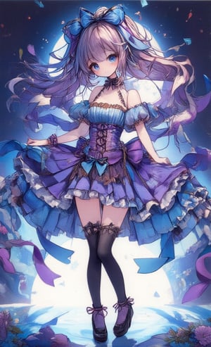 A whimsical cartoon girl stands poised before a radiant, glowing blue moon, its luminescence illuminating her delicate features and striking outfit. A fitted blue and purple corset cinches at her waist, complemented by black stockings and high heels that add a touch of sass. Her ponytail is adorned with a ribbon, tied neatly atop her head, while her wings are embellished with vibrant blue ribbons, creating a delightful pop of color against the dark blue sky's subtle shading.,colored pencil drawing,Anime style,acryli painting,Made of adrr-zllj