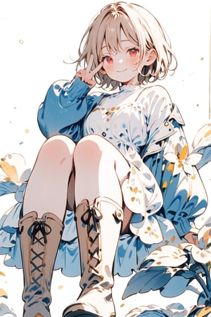 Masterpiece, Top Quality, Aesthetic, Traditional Media, One Girl, Solo, Looking at Viewer, Blushing, Smiling, Short Hair, Blonde Hair, Simple Background, Red Eyes, Long Sleeves, White Background, Dress, Sitting, Jacket, whole body, boots, white dress, V, brown shoes, floral pattern, from below
