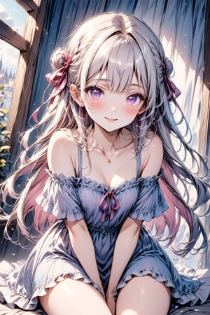 Masterpiece, ((Pastel painting style:1.5)), 1 girl, Smiling, Solo, Hair in bun, Looking at viewer, Blushing, Bangs, Dress, Ribbon, Exposed shoulders, Sitting, Very long hair, Closed mouth, Purple eyes, Collarbone, Hair ribbon, White hair, Hair ribbon, Ruffles, Open lips, Indoors, Pink eyes, Off shoulder, ((Purple dress:1.3)), Head tilted, Window, Ruffled dress, Curtains, Pink ribbon, Between legs, Pink ribbon, Hand between legs, Off shoulder dress