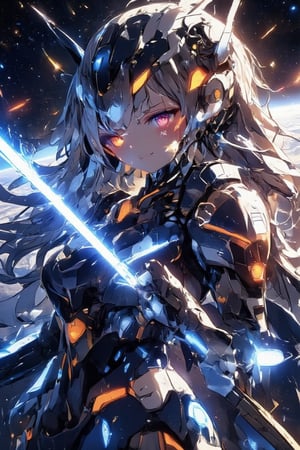 A stunning anime-style illustration depicts a charming cosplayer dressed as Gundam, exuding elegance and sophistication. The girl's bright smile (1.4) illuminates the futuristic scene as she proudly wears her helmet, adorned with a sleek V antenna. Her attractive and beautiful features are accentuated by the streamlined armored suit, which glistens under the starry lunar background. With perfect hands, she holds a gleaming beam sabre, its acryli sheen reflecting the colorful stars and earth below. The cybernetic high-tech mecha's advanced design is highlighted by the dynamic pose, striking an intimidating yet glamorous figure amidst the sci-fi cowboy shot backdrop.,acryli painting,Anime style,dal,Made of adrr-zllj,real robot