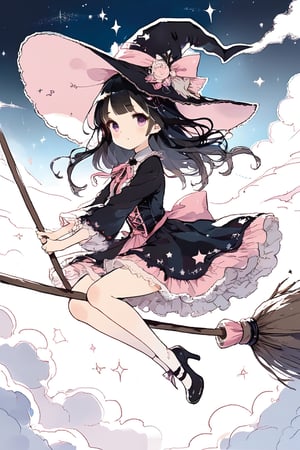 Illustration of a magical girl flying in the sky astride a magic broom. The girl is wearing a pink gothic Lolita style outfit. Girl is wearing a large ribbon on her head. Beautiful eyes. Beautiful black hair. Very detailed and quality illustration. masterpiece, top quality, aesthetic, 4K, Official Art, magic_broom,(Pencil_Sketch:1.2