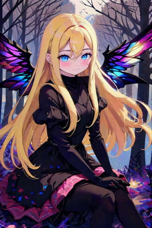 one girl, patchwork style, blurry, hazy background, solo, long hair, blonde hair, long sleeves, dress, off-the-shoulder dress, sitting, blue eyes, pantyhose, wings, tree, black pantyhose, bare tree, abstract,Anime style,kawaii,1girl,vspop,anime