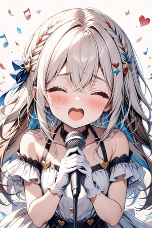 Masterpiece, Upper body, 1 girl, Solo, Long hair, Blush, Open mouth, Brown hair, Hair accessory, Gloves, Holding, Hair between eyes, Closed eyes, White hair, Multicolored hair, White gloves, Striped hair, Microphone, Music, Confetti, Holding microphone, Singing, Musical notes, ♬, Heart, ♡,Deformed