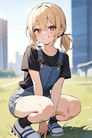 Masterpiece, Top Quality, Aesthetic, (((Background Blur: 1.5))), 1 Woman, Solo, Long Hair, Looking at Viewer, Blushing, Smiling, Bangs, Skirt, Blonde, Shirt, Hair Between Eyes, Ponytails, Brown Eyes, Collarbone, Short Sleeves, Sidelocks, Thighs, Outdoors, Shoes, Teeth, Daytime, Socks, Hands Raised, Smirking, Nails, Black Shirt, V Shape, Low Ponytails, Supporting Arms, Crouching, Grass, Denim, Short Ponytails, Black Socks, T-Shirt, Building, Overalls, Overalls Shorts,txznflat