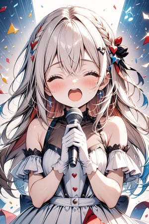 Masterpiece, Upper body, 1 girl, Solo, Long hair, Blush, Open mouth, Brown hair, Hair accessory, Gloves, Holding, Hair between eyes, Closed eyes, White hair, Multicolored hair, White gloves, Striped hair, Microphone, Music, Confetti, Holding microphone, Singing, Musical notes, ♬, Heart, ♡,Deformed