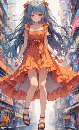 A girl wearing a frilly orange dress is smiling and jumping. Her hair is straight and her hair color is bright blue. It is rendered in a clipping art style, with moving camera angles and colorful street art in the background. Movement is emphasized by lens effects, and colorful lighting illuminates the surroundings. ,colored pencil drawing,Anime style