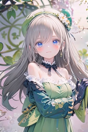 Masterpiece, beautiful details, perfect focus, uniform 8K wallpaper, high resolution, exquisite texture in every detail,(((background Blur: 2))),((upper body:2)),
 blue eyes, clear sparkling deep eyes, smiling, happysSt. Patrick's Day, celts, Clover, formal hat, hat, solo, green_eyes, 1girl, long_hair, green_headwear, green_dress, brown_hair, long_sleeves, full_body, standing, smile, green_skirt, dress, looking_at_viewer, black_footwear, flower, socks, white_legwear, closed_mouth, white_flower, frills, wide_sleeves, shoes, pointy_ears, very_long_hair, bow, green_theme, gloves, green_footwear, black_gloves, sleeves_past_wrists, holding celts,((off shoulder:1.5)),
pastel,perfect light,cartoon,anime,graffiti,perona,1girl,one girl,Lucky Clover