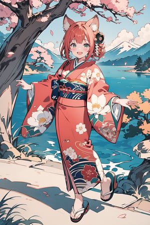 Masterpiece, beautiful details, perfect focus, uniform 8K wallpaper, high resolution, exquisite texture down to the smallest detail, one girl, solo, looking at viewer, blushing, smiling, open mouth, bangs, long sleeves, animal ears, standing, full body, flowers, :d, redhead, kimono, wide sleeves, kimono, odango hair, tree, animal ear hair, obi, double odango, obi, floral pattern, sandals, pink flowers, branches, patterned kimono, sandals, orange kimono,Ukiyo-e