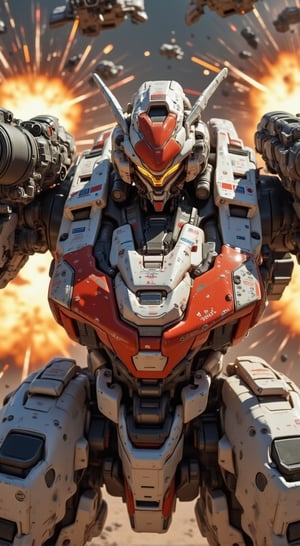 The moment when a robot with a red and white color scheme charges a giant bazooka is captured. There are battle damage marks on the aircraft, giving it a sense of urgency. Glowing eyes aim at the enemy, and explosion effects are scattered around. Random camera angles provide a powerful perspective, and motion blur emphasizes the speed of movement. Cinematic lighting illuminates the robot, and detailed renderings add to the realism.,VNS_Add more details,real robot