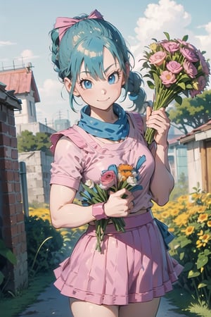 Bulma \(Dragon Ball\), light blue hair, blue eyes, smile, ((cowboy shot:1.5)), ((holding a bouquet: 1.5)),(((background Blur))), flower, 
dragon ball, blmpony, aqua hair, hair ribbon, braided ponytail, pink shirt, belt, scarf,((( pink skirt:1.5))), clothes writing, brown gloves, medium breasts,flower, outdoors, sky, white background,
,cartoon,bulma \(dragonball\),dragon ball, blmlong,CrclWc,blunt bangs