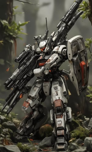 Masterpiece, plastic model, robot figure, recreates a diorama of a scene of hiding and scouting in the forest. Equipped with twin eyes, glowing eyes, crouching, kneeling, trees, lush vegetation, large Gatling gun and shield. The robot is painted in white and red color scheme. Damage expression is added to enhance the sense of realism. The magnificent texture of the stunning 3D rendering is enhanced by several metal textures. The blurred light gray background and bright lighting make the subject stand out even more. Real robot, resin,real robot,resin