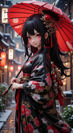 A stunning woman stands tall in a snow-lined Edo back alley, bathed in a dark white glow. She wears a kimono with intricate floral patterns on a black background, her long, straight black hair framing her porcelain-like complexion. Her eyes, two gleaming red orbs, sparkle with joy. In her hands, she holds an exquisite Japanese umbrella, its detailed design and delicate curves adding to the overall sense of luxury and refinement. The camera captures her from a cinematic cowboy shot perspective, showcasing every detail in crystal-clear 8K resolution. Her face is a masterpiece of perfect anatomy, with beautifully rendered features and detailed skin texture. Her eyes are pools of deep red, filled with inner light and life. Her hair cascades down her back like a waterfall of night, its individual strands depicted in painstaking detail. This resin figure is an anime-inspired marvel, a testament to the artist's skill and attention to detail.,Resin Figure