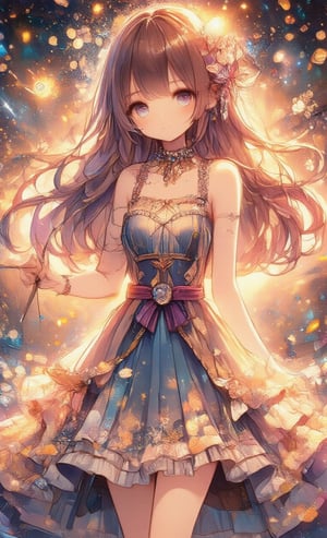 Soft focus shot of a young woman's hand holding up a mirror as she closes her eyes, surrounded by a kaleidoscope of shimmering particles resembling a galaxy. When the camera pans out, the main character appears in the center, surrounded by warm light. As her heart beats faster, particles swirl around her, transforming her into a dazzling dress with a fluttering skirt and sparkling bejeweled choker. When she opens her eyes, her magic wand materializes in her hand and she sees her transformed self, now a shining magical girl.,acryli painting,dal,oil painting,Anime style,colored pencil drawing