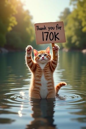 A cat playing in the river is holding up a placard in one hand, which reads "Thank you for 170K likes!"