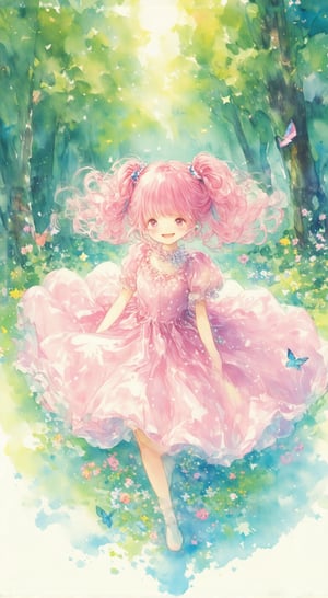 Rough sketch style,anime style ,A girl with pink hair tied in two knots is smiling happily while shaking her shoulder-length hair. Her hair has a fluffy texture and looks very cute as it sways in the wind. The camera is looking down from above her head, and her smile fills the screen. She wears a shiny satin dress, the pale pastel pink hue complementing her skin, and the hem of the dress billows gracefully. Her dress is studded with small star motifs, making her look as if she is a star spirit herself. The background is a dreamy green forest, and the light shining through the trees illuminates her surroundings, creating an atmosphere as if she is in a dream. Using depth of field, the forest in the background is softly blurred, making her smile stand out. Colorful flowers are blooming all around her, and together with her smiling face, there is a bright atmosphere as if to herald the coming of spring. Additionally, there are small butterflies dancing around her feet, highlighting her innocent smile. The soothing sounds of nature around you make you feel as if this moment will last forever.,watercolor \(medium\)