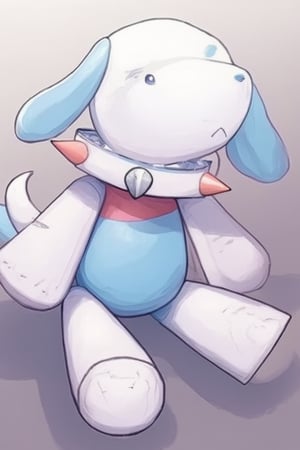 Solo, simple background, full body, teeth, long droopy ears, eyes > <, stuffed dog, light blue body. Blue limbs, blue tail, collar, red collar with spikes, no human, anime "Kobato", Ioryogi,acryli painting,Made in abyss manga