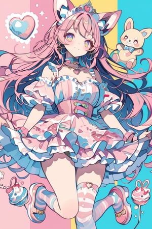 One girl, Vtuber anime character design, Love Peace Ice Cream!, an overly maximalist Vtuber character dressed in a super decorative pink lolita fashion. Her anime-style face features huge, sparkling eyes in gradient pastel colors, surrounded by incredibly long eyelashes. Her multi-layered hair cascades down in a flurry of pastel pink, purple, and blue, and is adorned with an excess of ribbons, flowers, and sparkly accessories. She wears a frilly cupcake-shaped dress in different shades of pink, covered in lace, ribbons, and frills. The dress is further decorated with candy motifs, stuffed toys, and a miniature tea set. Multiple petticoats peek out from underneath, each a different shade of pink. She wears striped stockings and platform shoes with heart-shaped buckles. Numerous bracelets, rings, necklaces, tiaras, and cat-ear headphones adorn her. The background is a dizzying collage of pastel colors.,flat style,dal-6 style,txznf