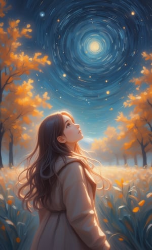 A scene in which a girl looks up at the autumn night sky and admires the stars. She is wearing a warm coat and has straight hair. The background is blurred, and the night sky with twinkling stars and trees with autumn leaves are softly depicted. Her expression is dreamy, reflecting the serenity and beauty of autumn. .,oil painting,VNS_Add more details