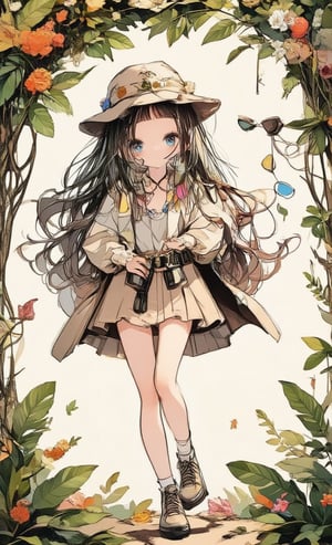 A scene in which a girl is wearing an explorer's costume and looking around from atop a tree against a simple jungle background. She has a curious look on her face and holds binoculars in her hand. The frame is decorated with leaf and animal motifs, creating a sense of natural adventure.
,acryli painting,colored pencil drawing,Anime style,ink style