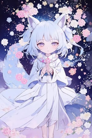 Masterpiece, great image, 8K, simple background, Japanese pattern background, one girl, solo, (the girl herself is luminous)
, (bioluminescent), (glowing), looking at the viewer,smile, bangs, skirt, hair accessory, long sleeves, ribbon, hug, animal ears, hair between the eyes, purple eyes, tail, flowers, white hair, kimono, hair flower, wide sleeves, kimono, animal ear fluff, flower petals, fox ears, fox tail, white flower, fox girl, hakama, hakama skirt, pink flower, white kimono, holding a flower, --ar 3:4,--niji6,acryli painting,fluxtration