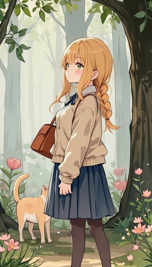 masterpiece, illustration, watercolor background, one woman, solo, long hair, skirt, blonde hair, long sleeves, standing, braids, flowers, pantyhose, pleated skirt, outdoors, shoes, bag, profile, tree, single braid, profile view, animals, plants, cat, shoulder bag, cardigan, walking,watercolor style